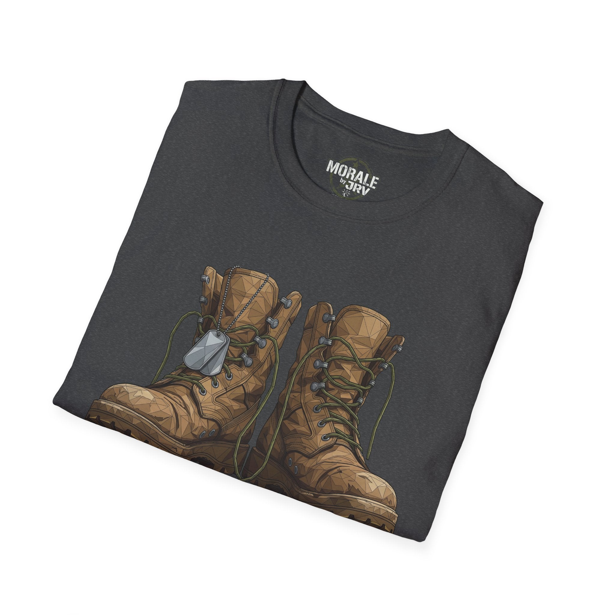 Gray T-shirt with vintage combat-boot illustration: two boots with laces and straps