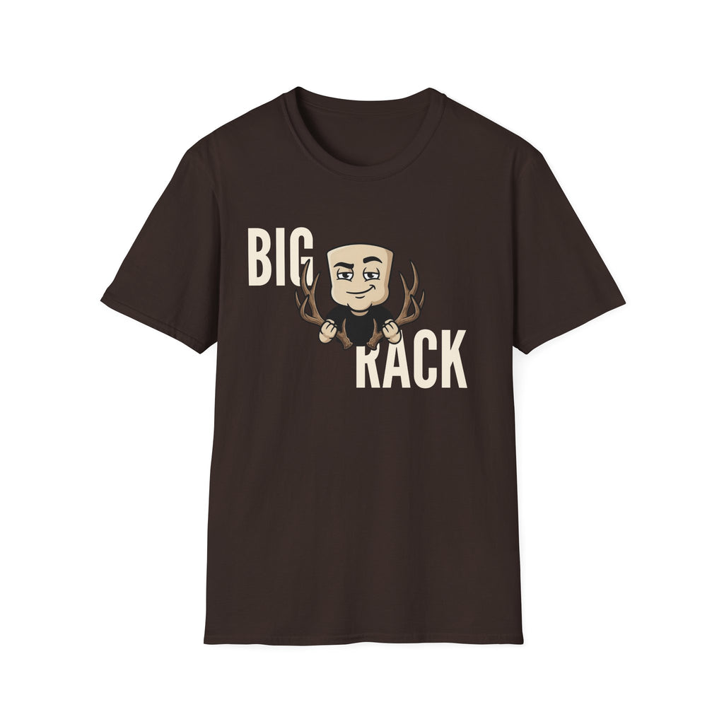 Dark brown T-shirt with "BIG" "KACK" cartoon hunter and antler graphic