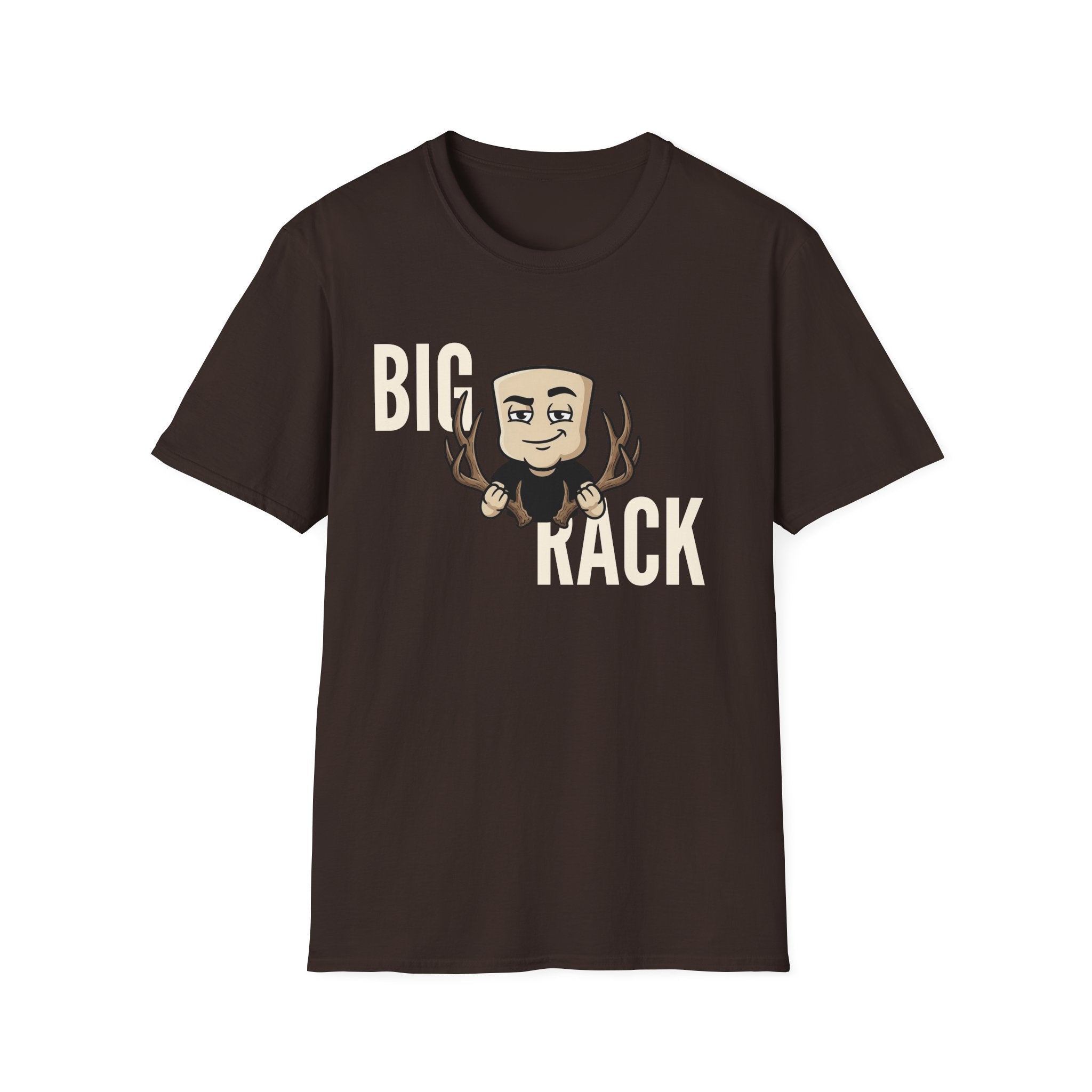 Dark brown T-shirt with "BIG" "KACK" cartoon hunter and antler graphic