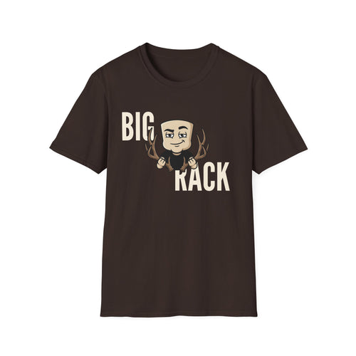 Dark brown T-shirt with "BIG" "KACK" cartoon hunter and antler graphic