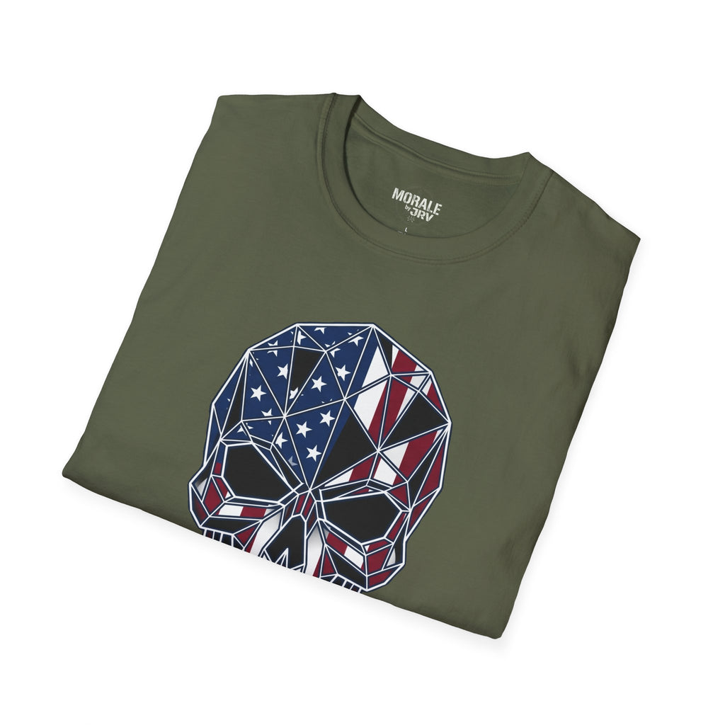 Military green T-shirt with American flag skull warrior graphic