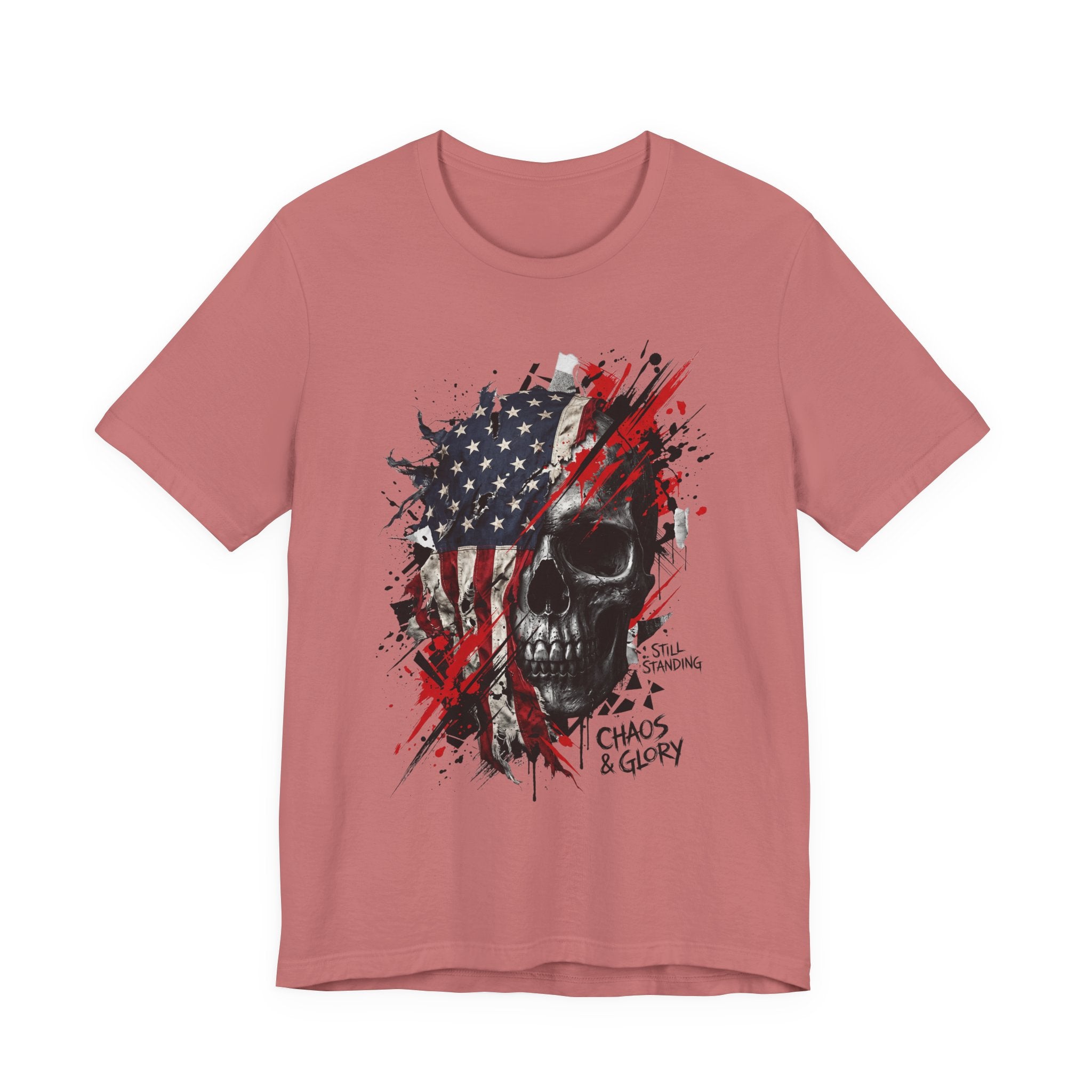 Pink skull graphic T-shirt with American flag panel, red splatter, Chaos & Glory print