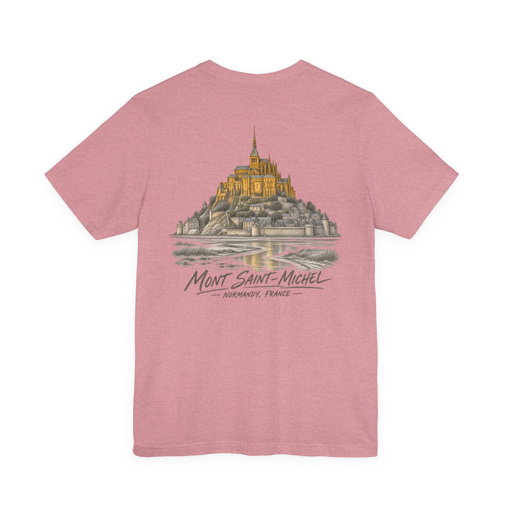 Pink T-shirt with vintage Mont Saint-Michel castle graphic across the chest.