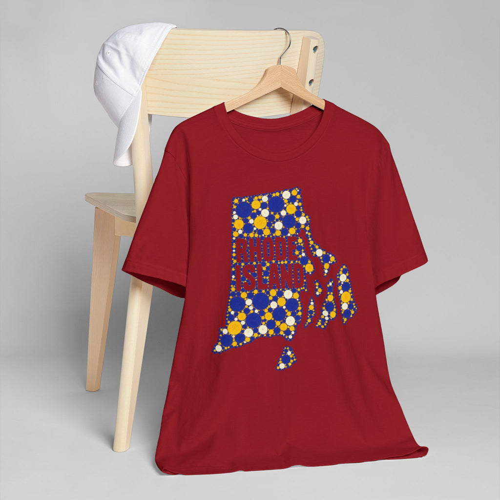 Red t-shirt with dotted Rhode Island outline graphic in blue and yellow