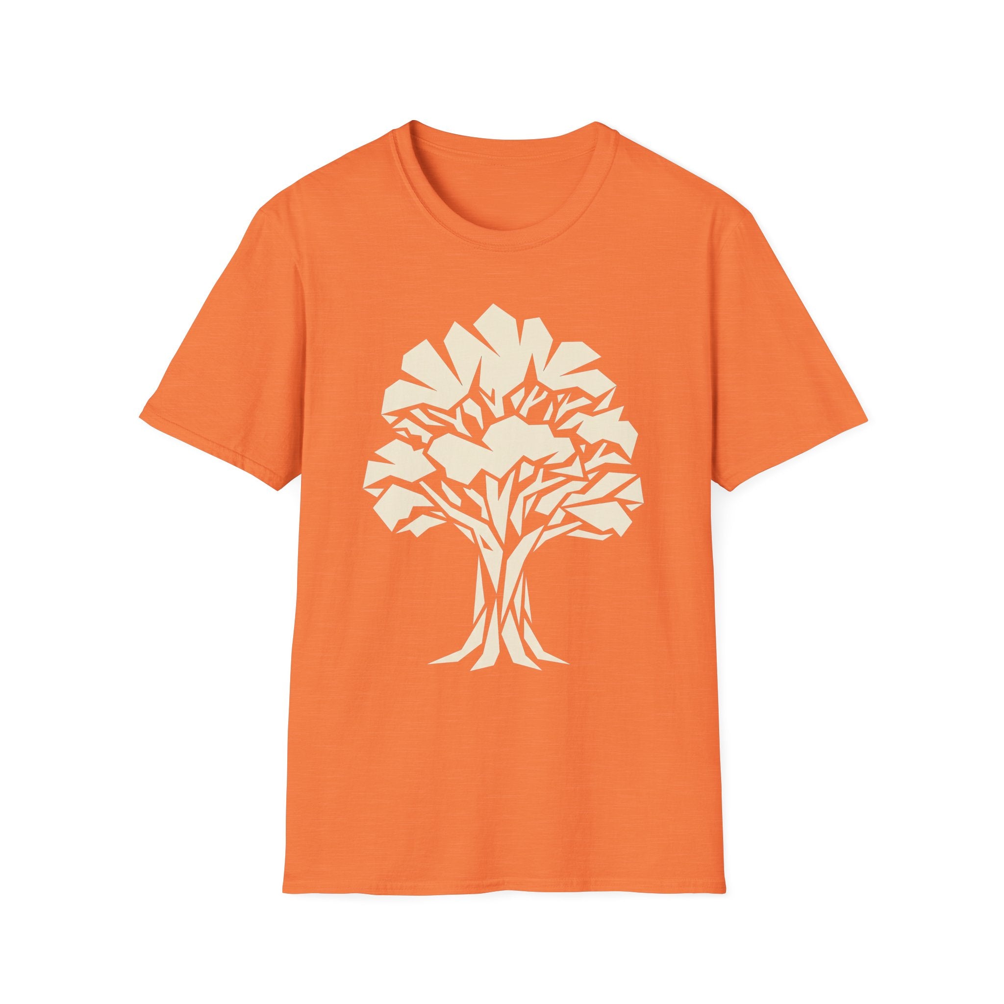 Orange t-shirt with white geometric tree silhouette graphic on the front