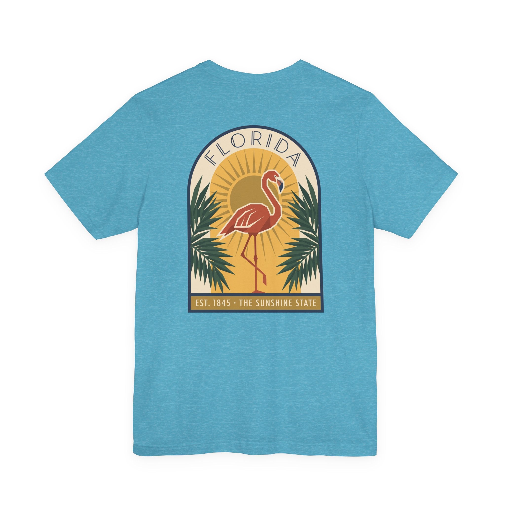 Aqua flamingo art deco T-shirt with Florida badge and palm graphic