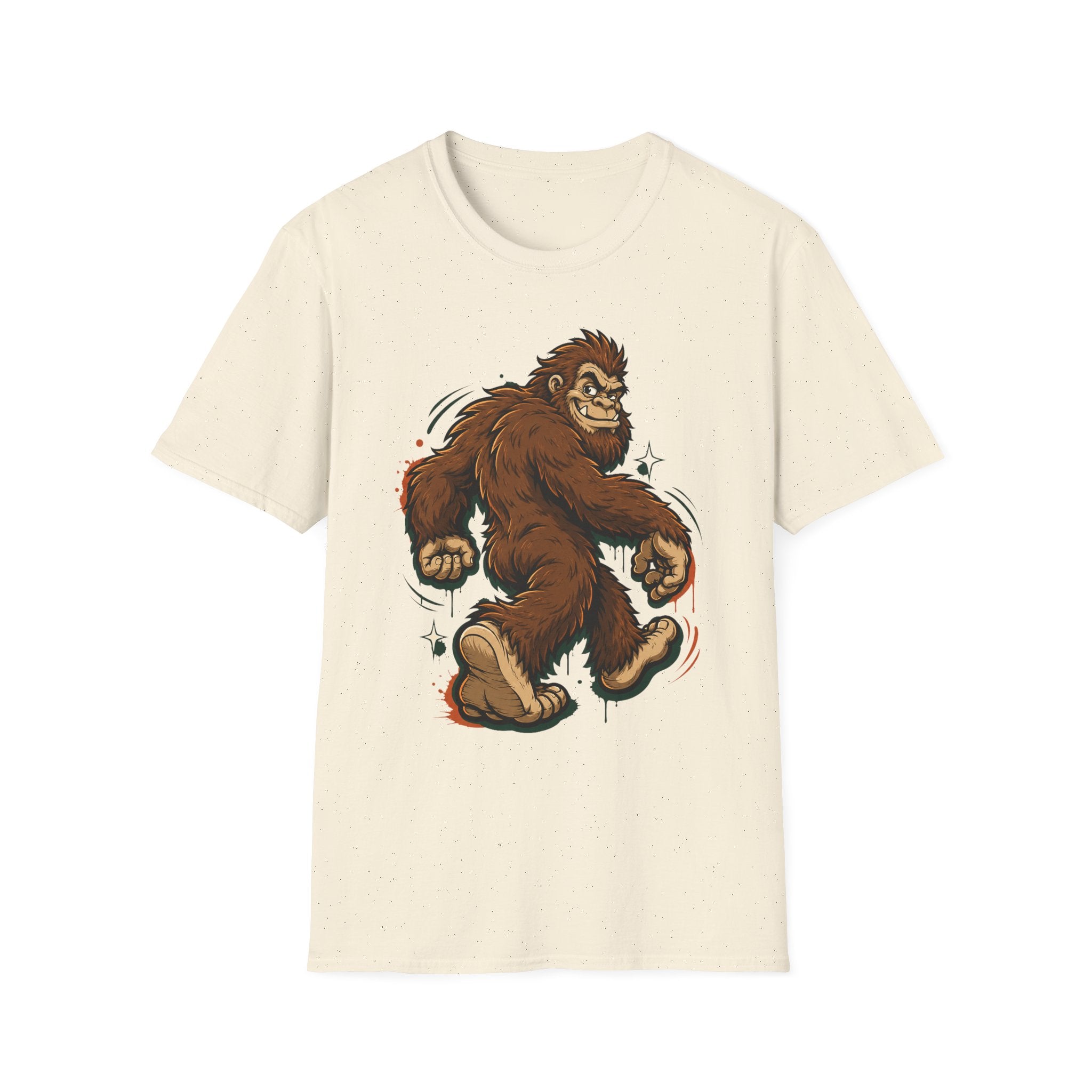 Cream T-shirt with running smirking bigfoot graphic