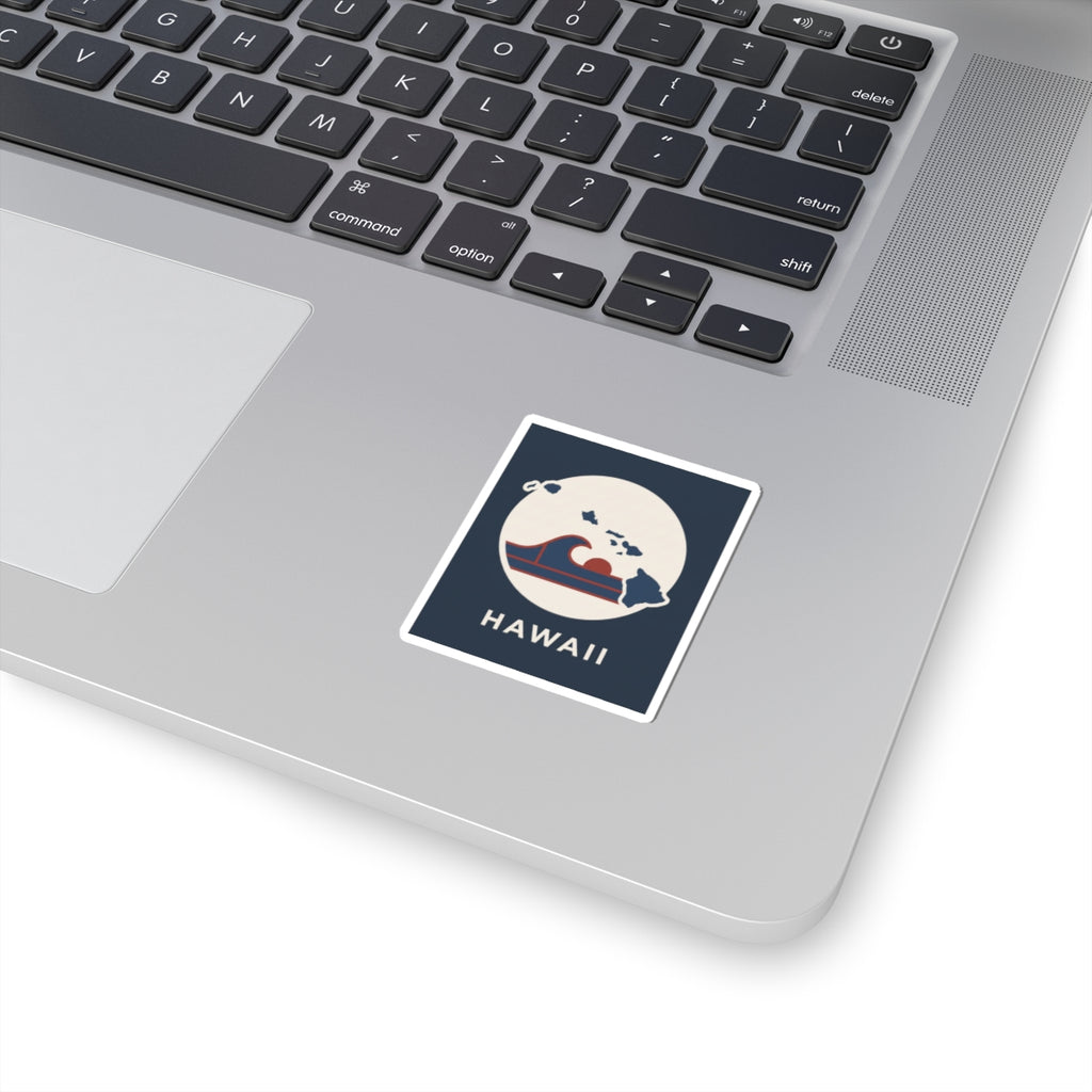Square kiss-cut sticker with blue island and wave, “HAWAII” text