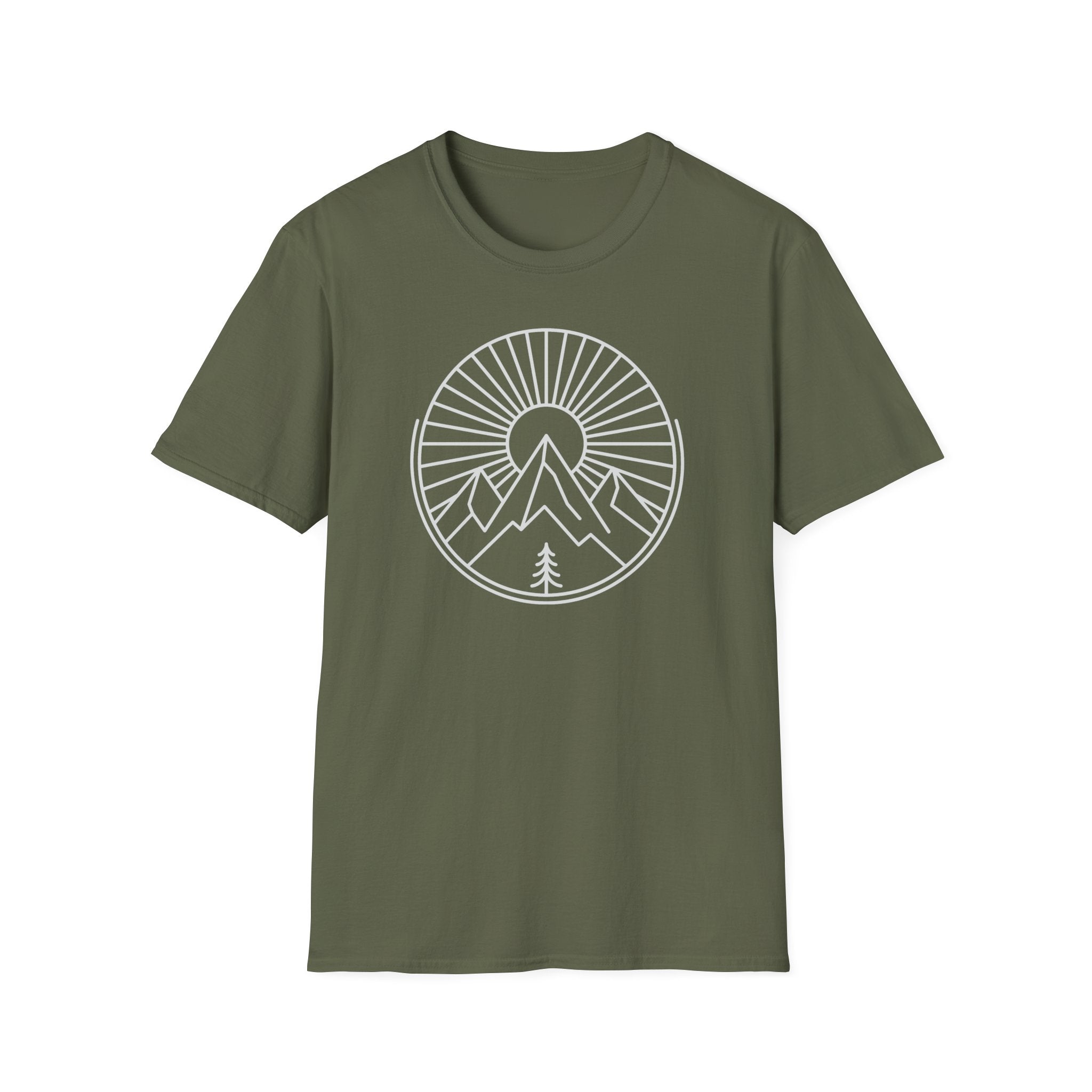 Olive green unisex t-shirt with white circular mountain-and-tree sunburst graphic