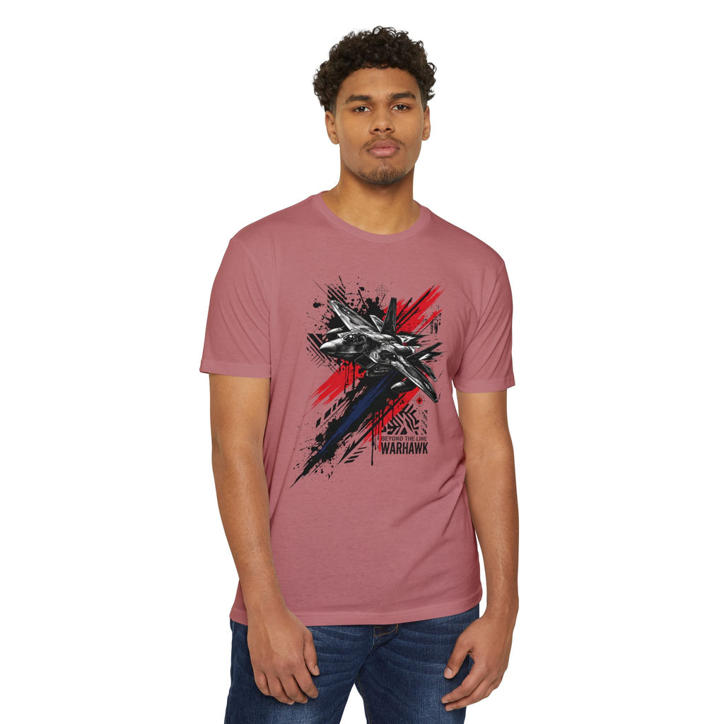 Pink crewneck T-shirt with fighter jet graffiti graphic, black and red