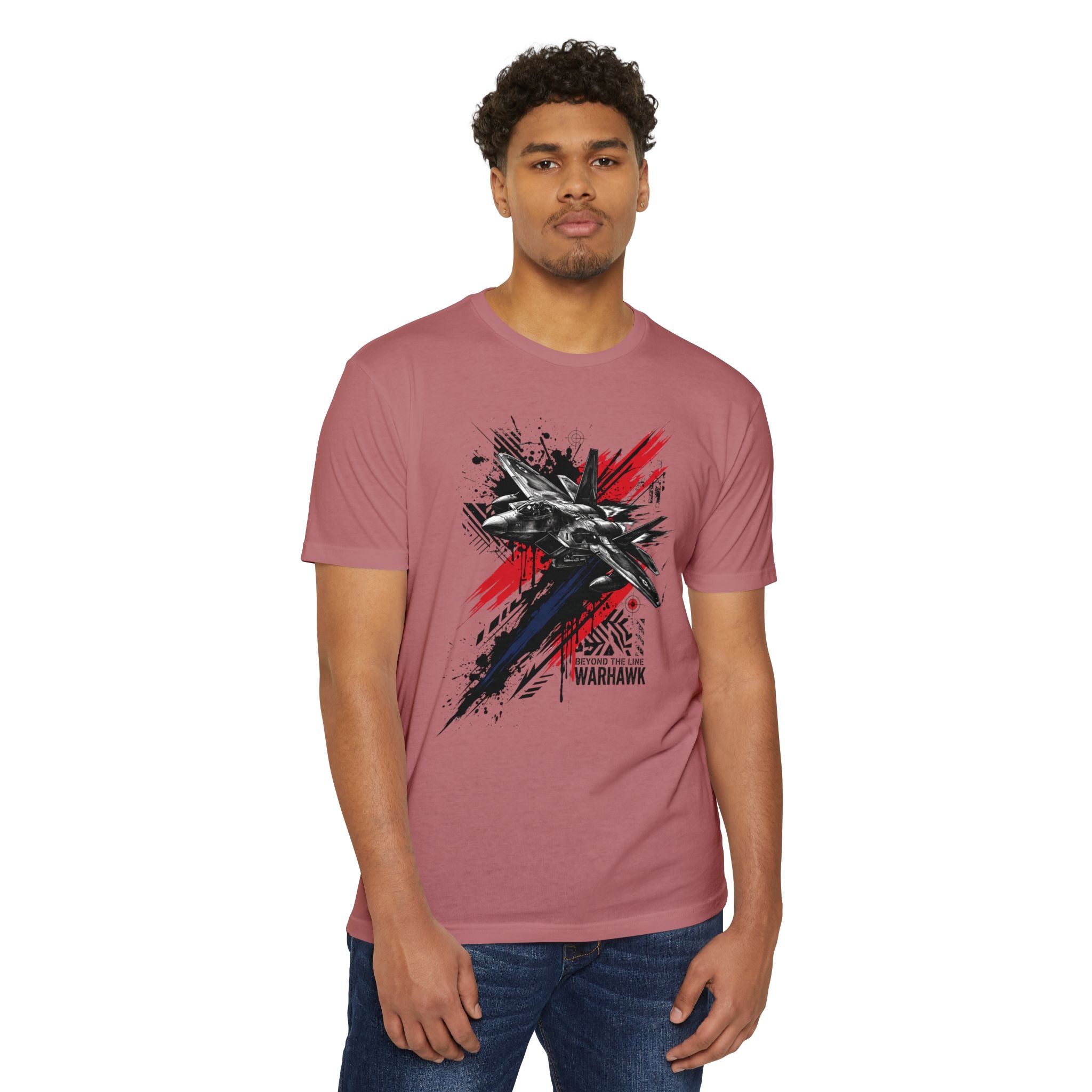 Pink crewneck T-shirt with fighter jet graffiti graphic, black and red