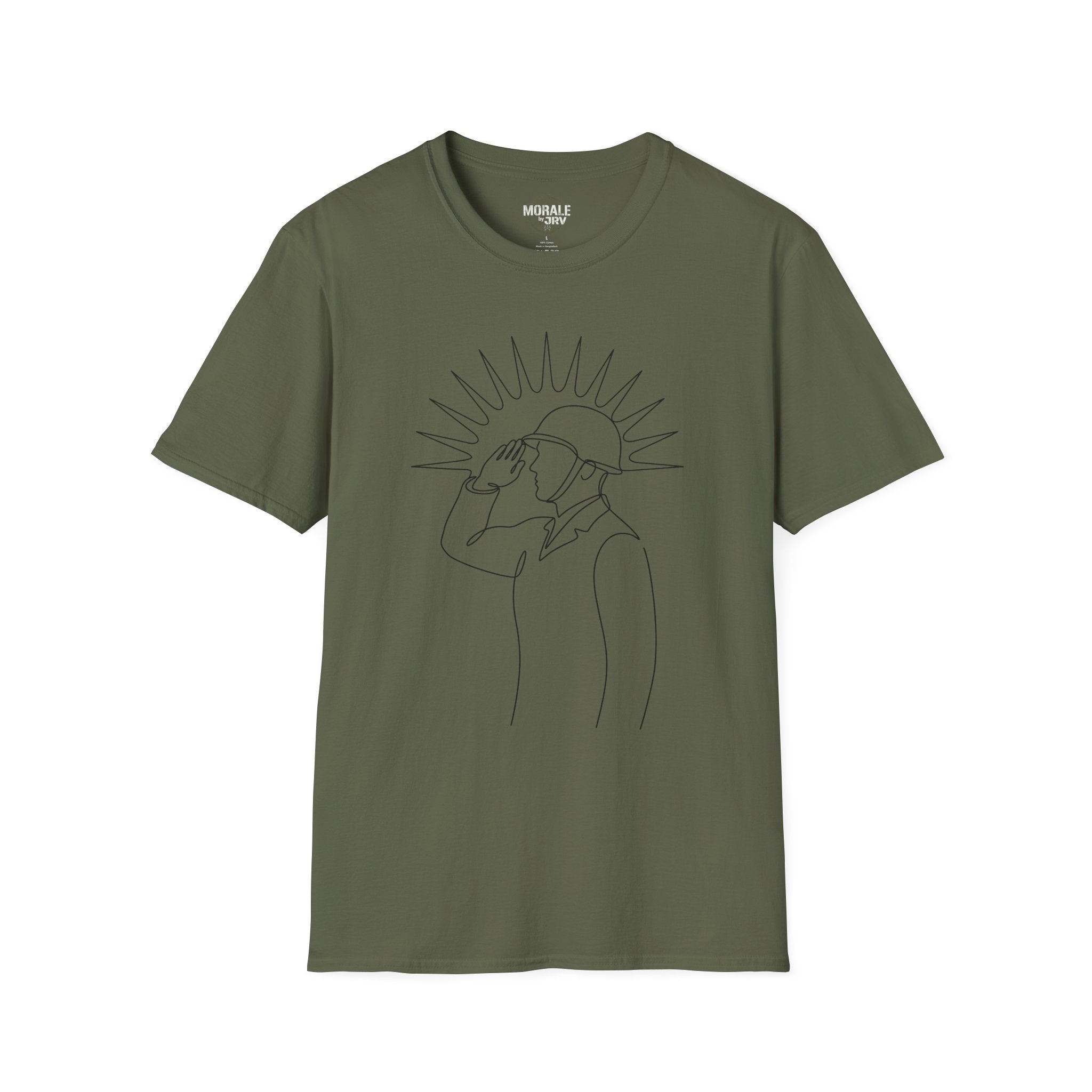 Military green T-shirt with minimal single-line man looking up graphic, dark print