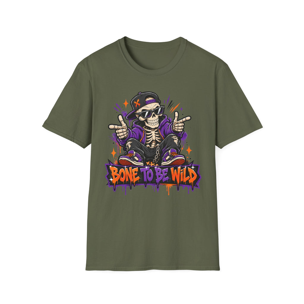 Military green crewneck short-sleeve T-shirt with DJ skeleton skull front graphic