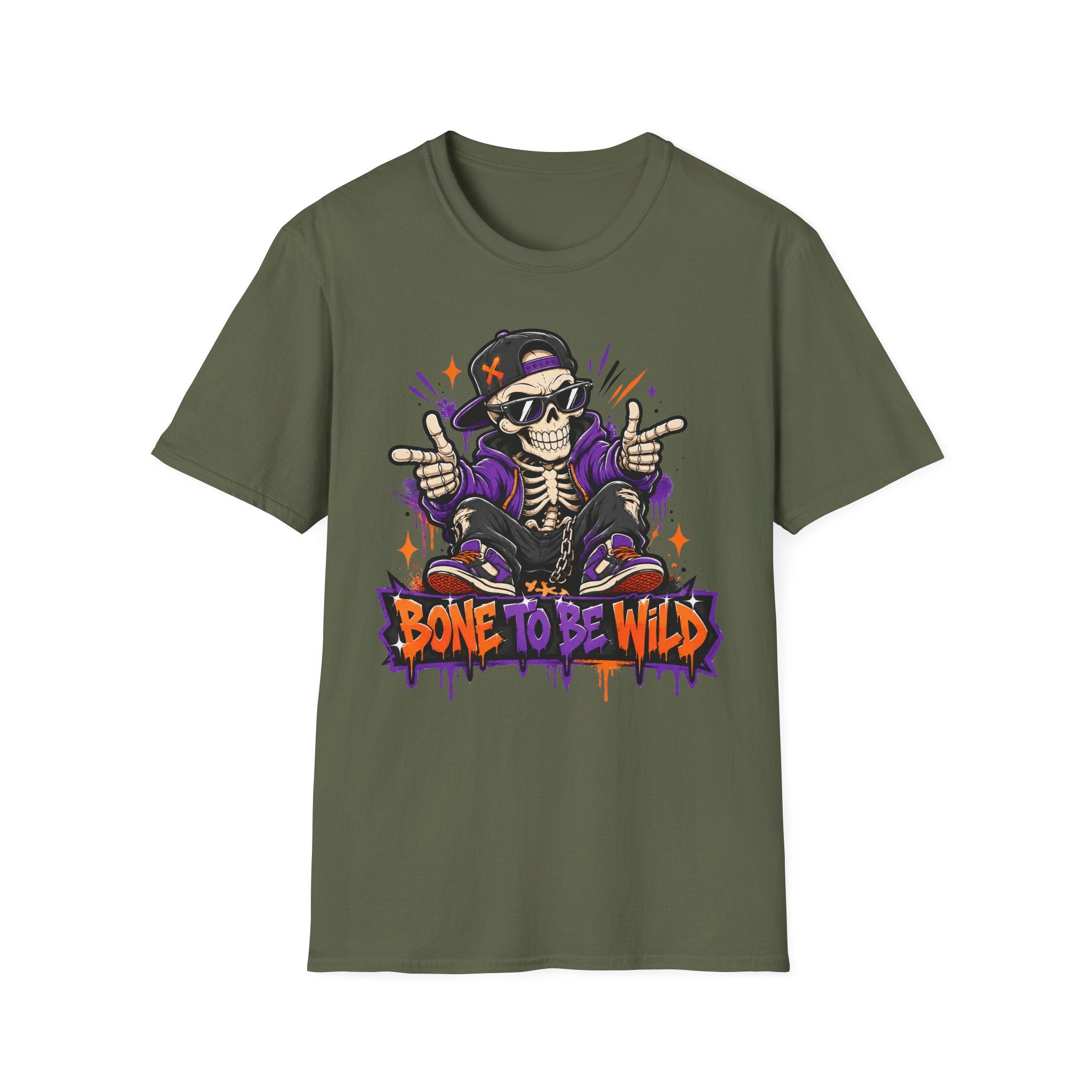 Military green crewneck short-sleeve T-shirt with DJ skeleton skull front graphic