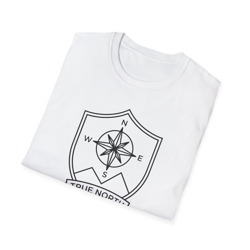 White T-shirt with compass shield emblem printed on chest