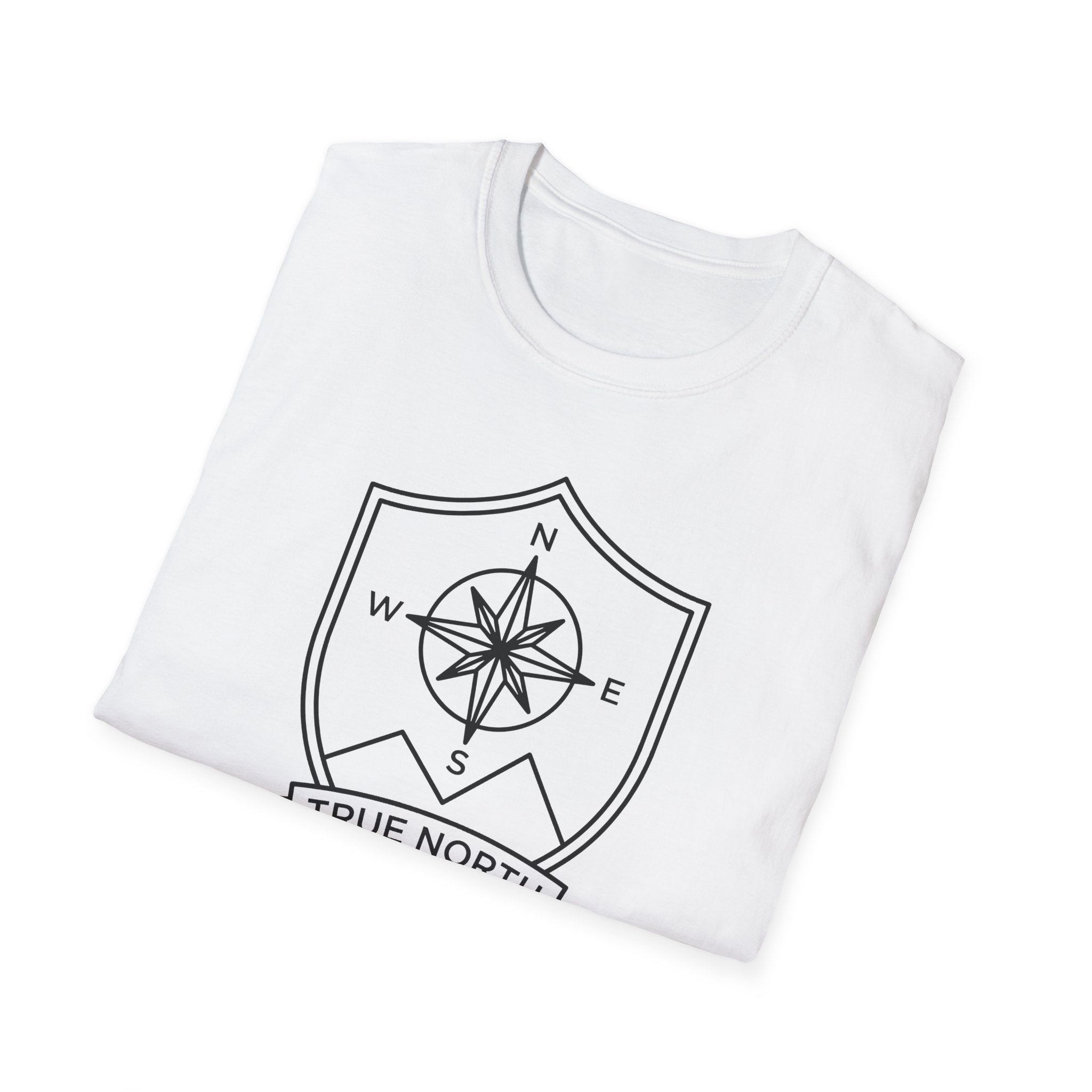 White T-shirt with compass shield emblem printed on chest