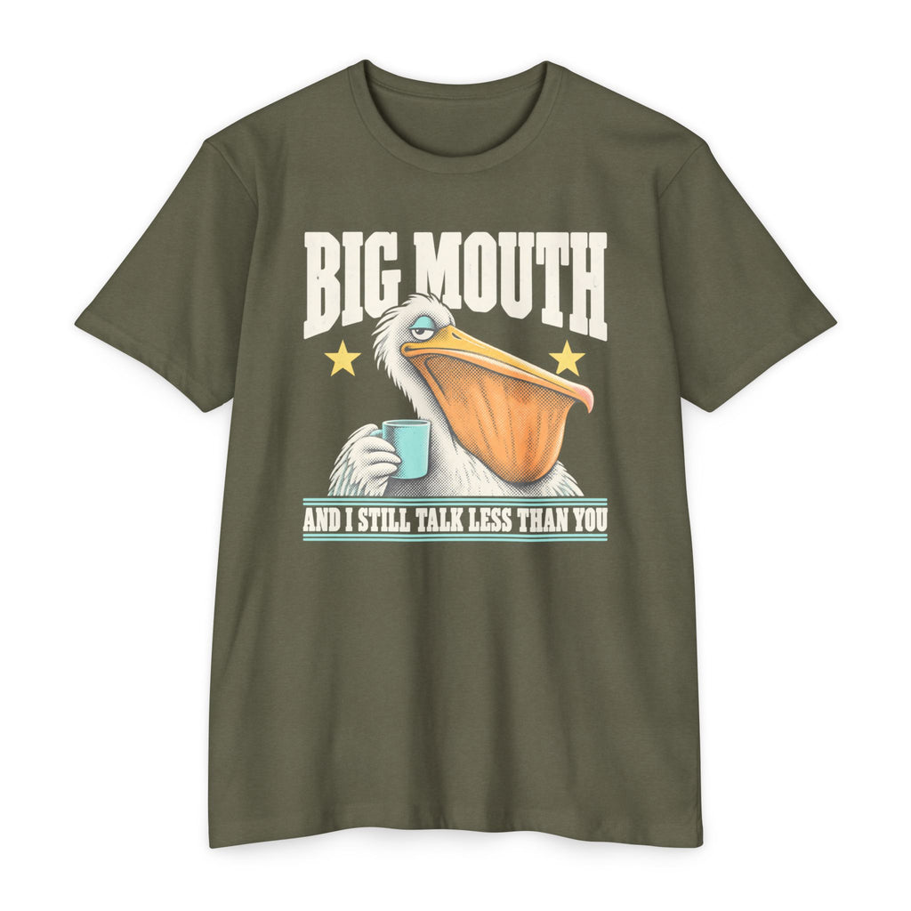 Green T-shirt with pelican-and-coffee cup graphic and 'BIG MOUTH' text