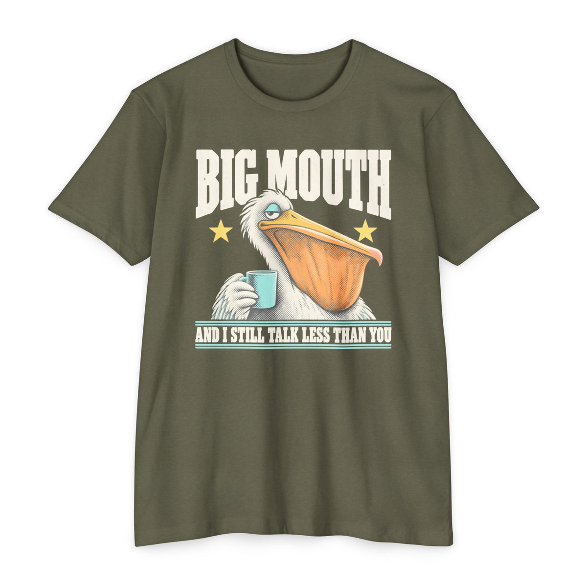 Green T-shirt with pelican-and-coffee cup graphic and 'BIG MOUTH' text