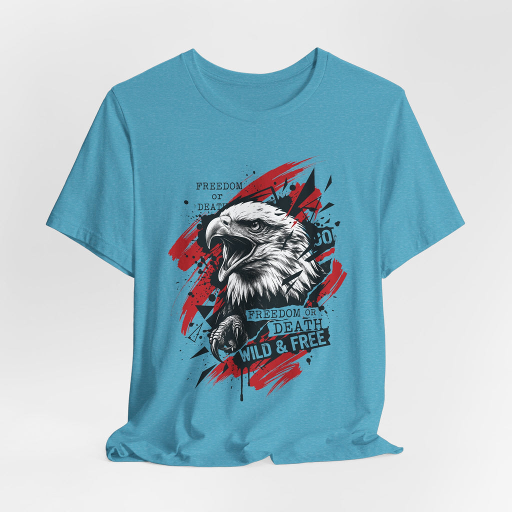 Light blue T-shirt with red splatter eagle head graphic