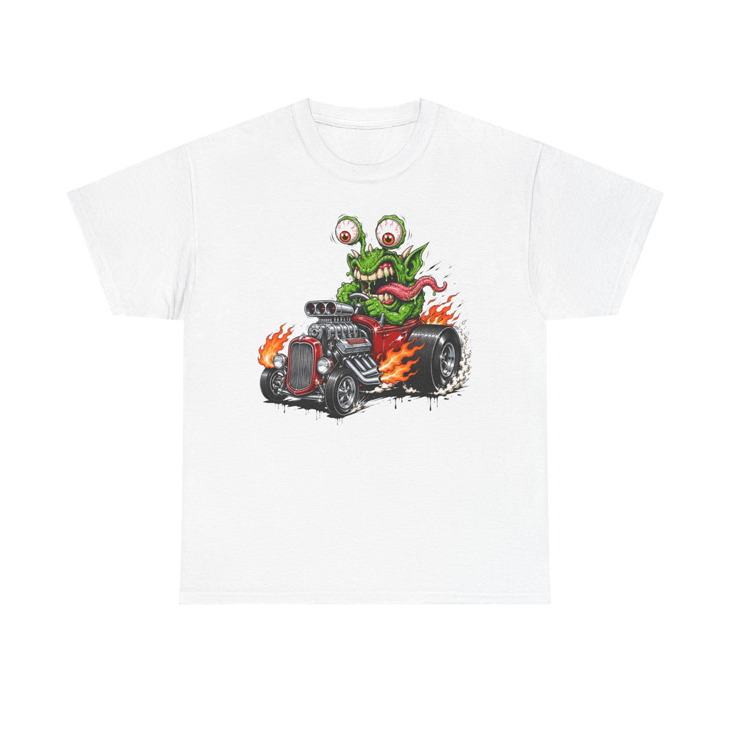 Monster hot rod graphic tee in white, front monster driving hot rod with flames
