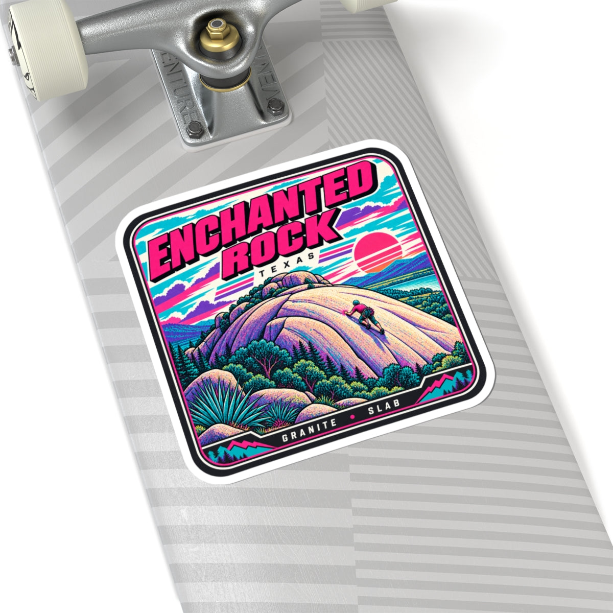 Square kiss-cut sticker on a skateboard deck, colorful rock and climber illustration