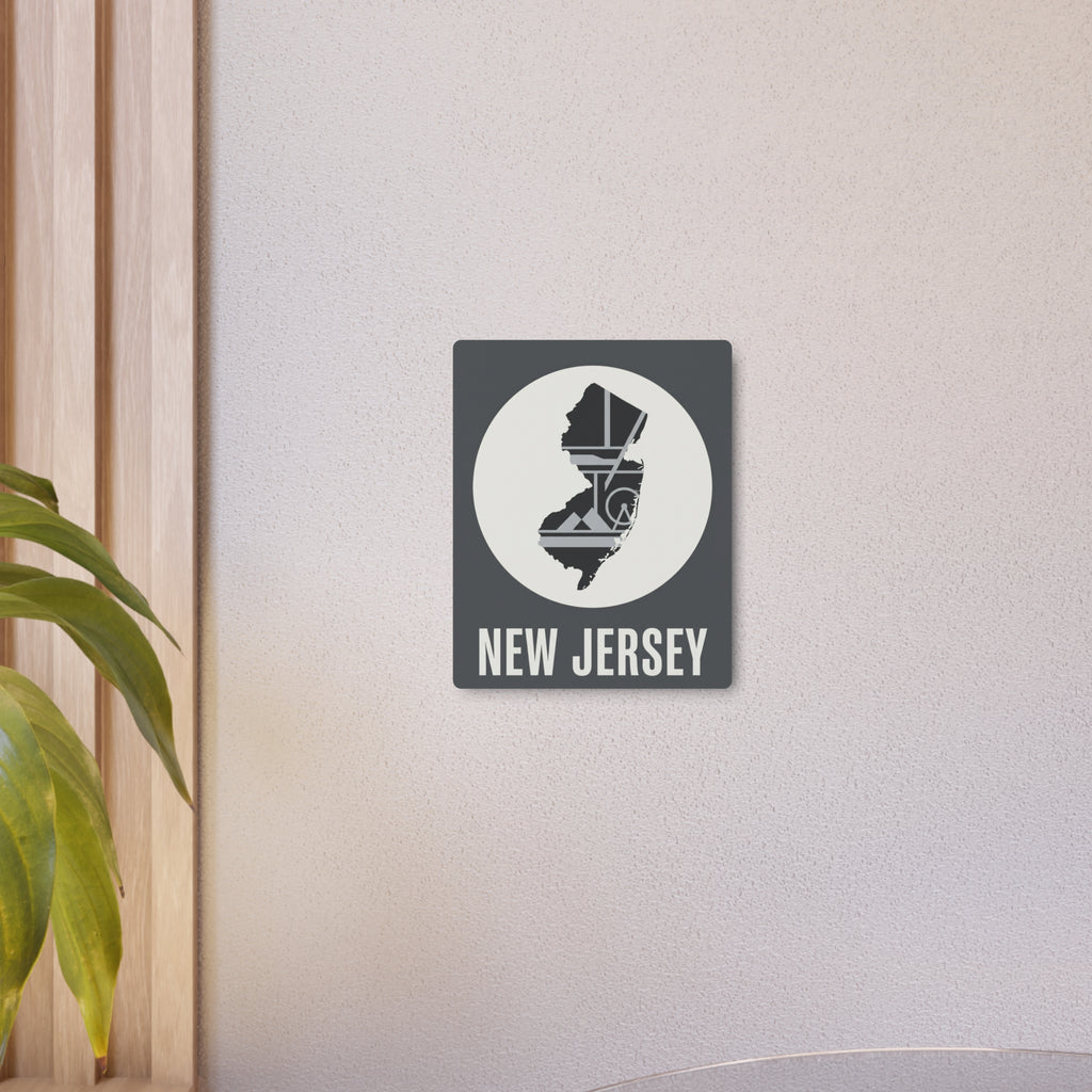 New Jersey metal wall art sign featuring circular state silhouette and 'NEW JERSEY' text