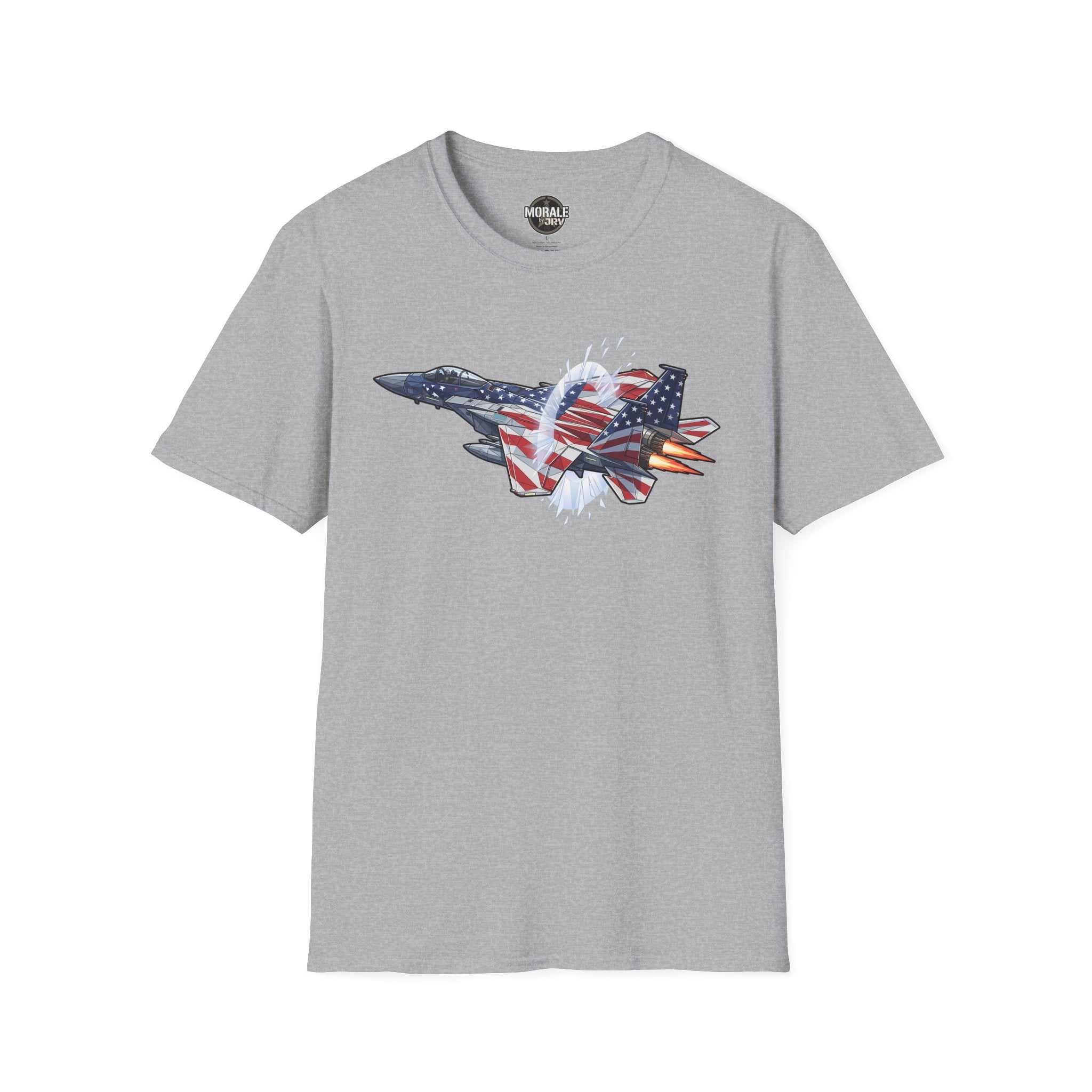 Heather gray T-shirt with American flag fighter jet graphic