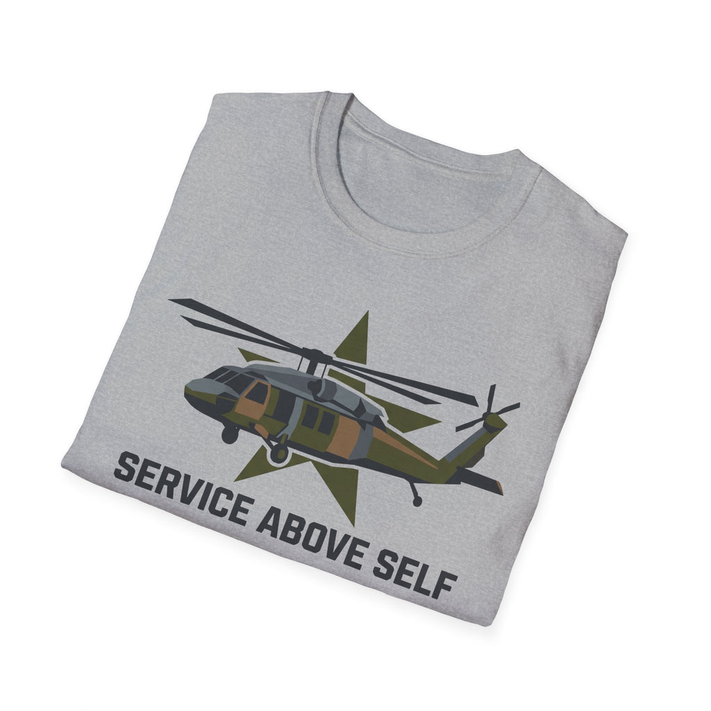 Heather gray crewneck t-shirt with camo helicopter graphic and 'Service Above Self' text