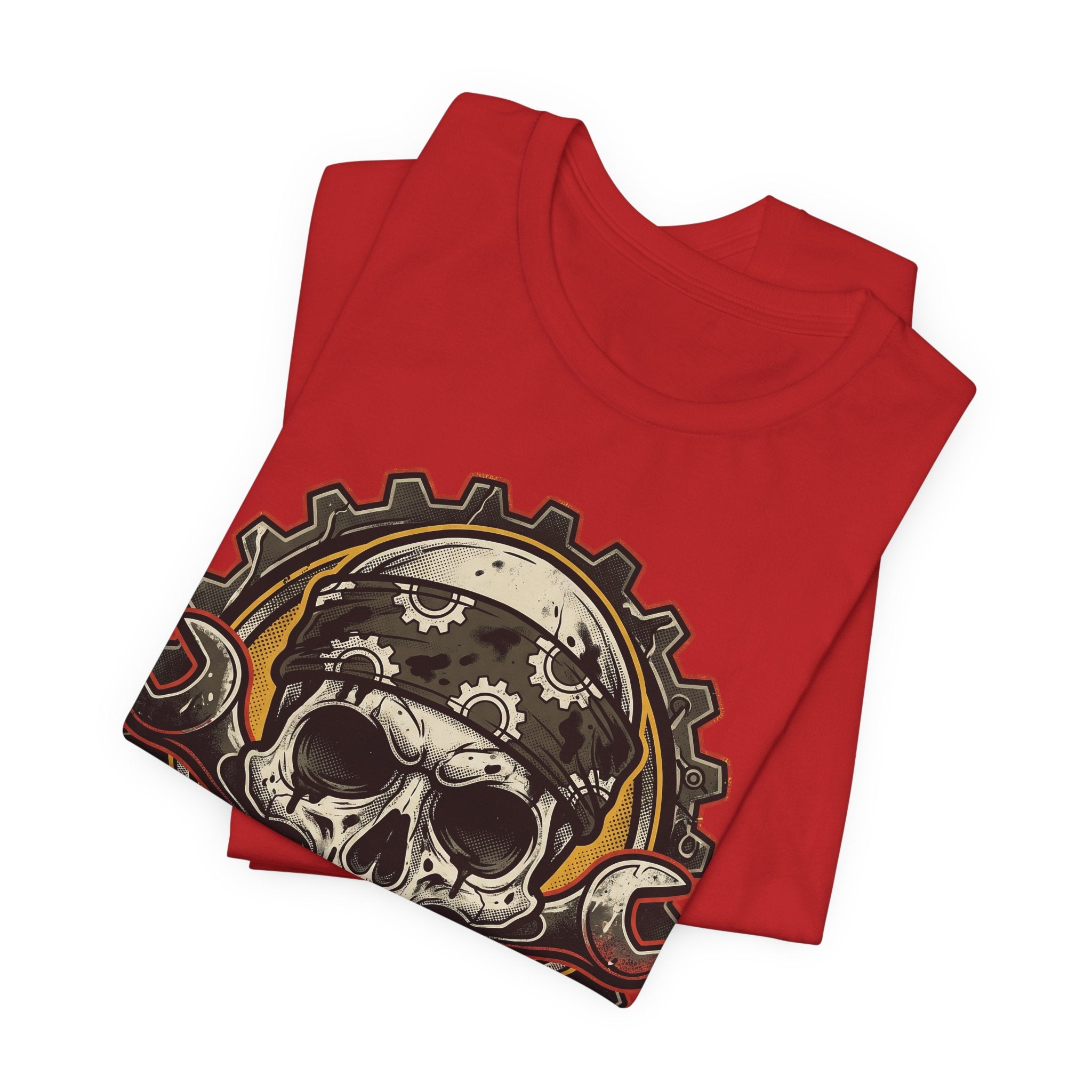 Red tee folded front with biker skull ear-muffs and crossed wrenches graphic