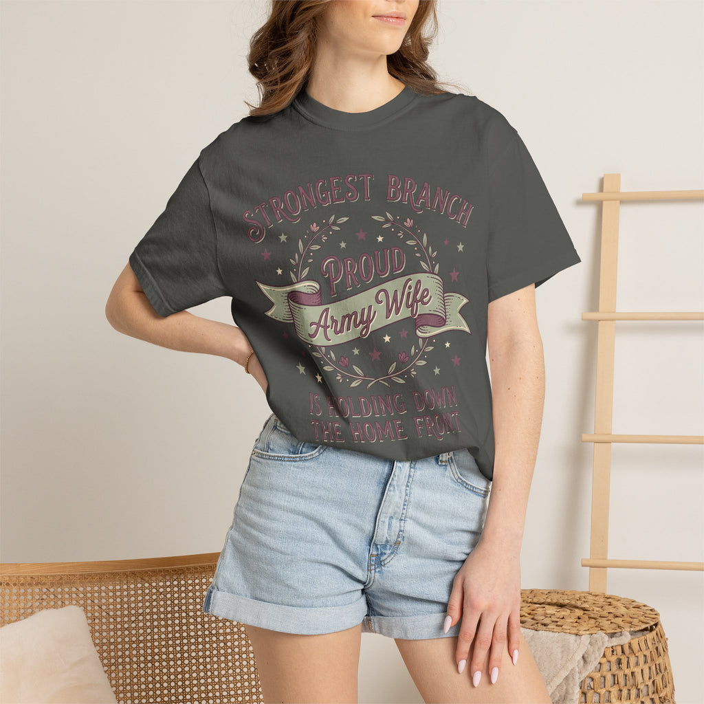 Dark gray Proud Army Wife T-shirt on model with “Proud Army Wife” wreath graphic