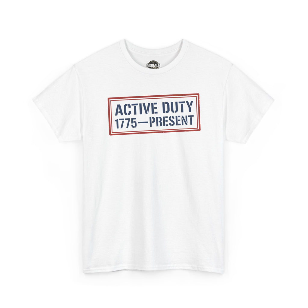 White crew neck tee with red and blue “Active Duty 1775–Present” chest logo