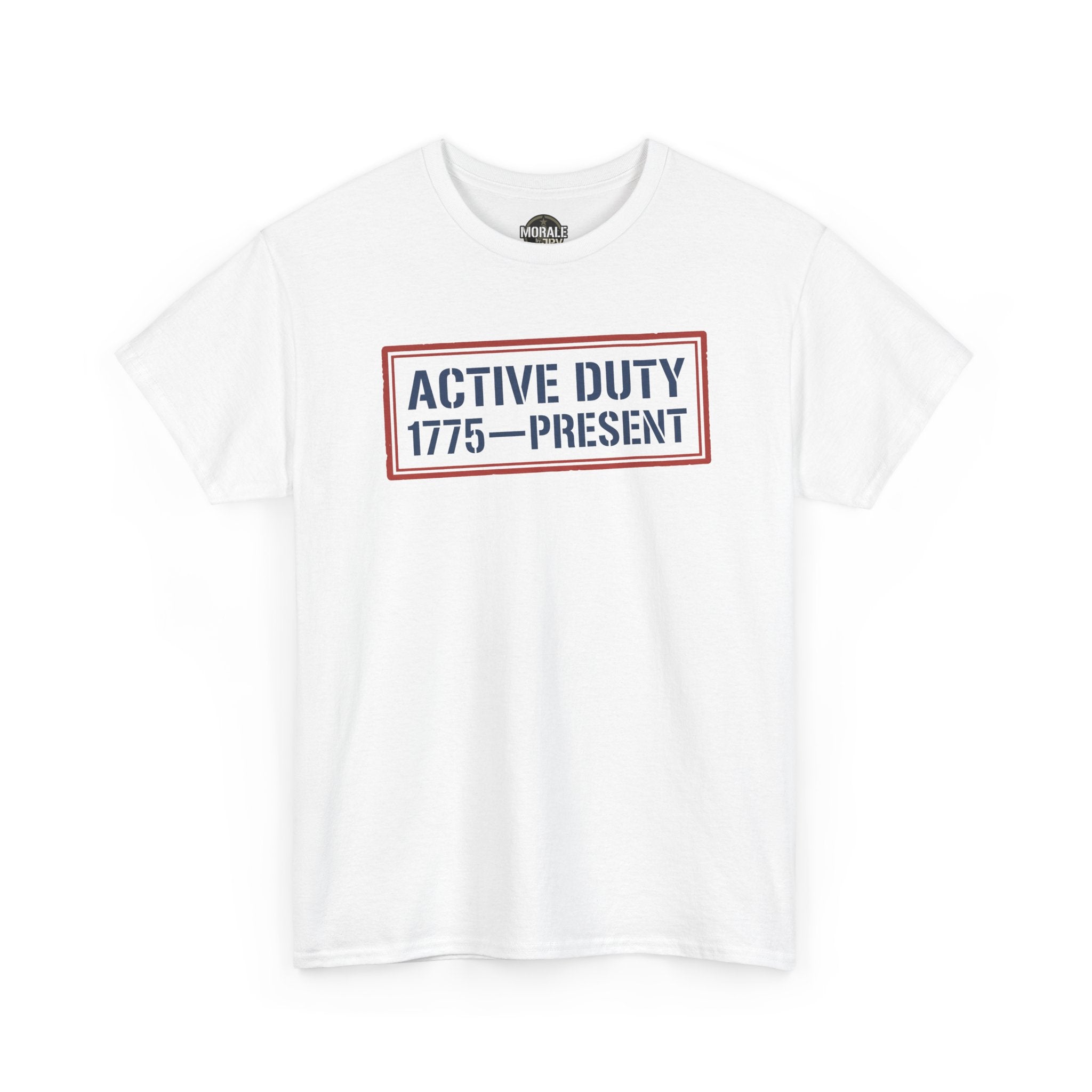 White crew neck tee with red and blue “Active Duty 1775–Present” chest logo
