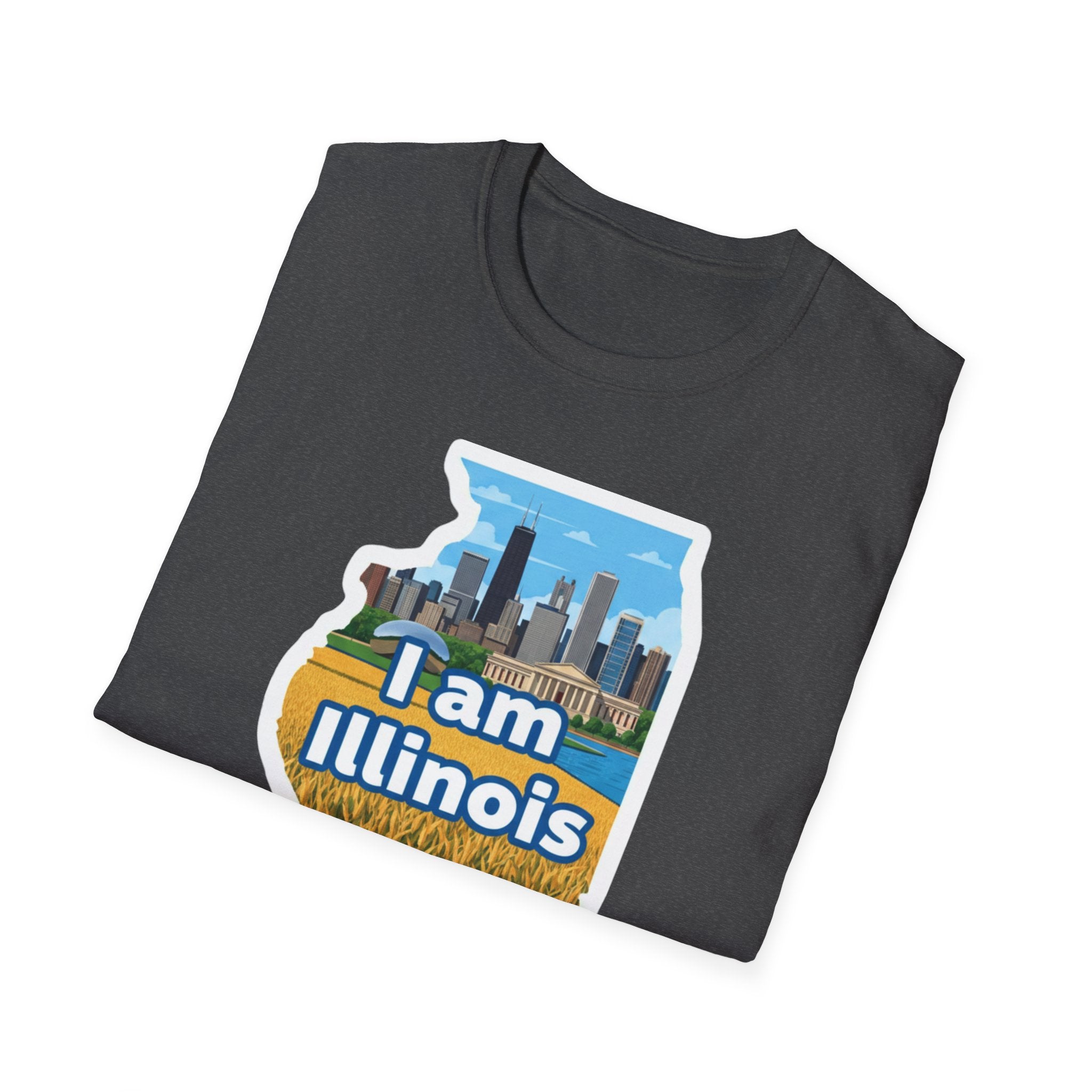 I Am Illinois T-shirt graphic: Illinois map, skyline, farmland and “I am Illinois”