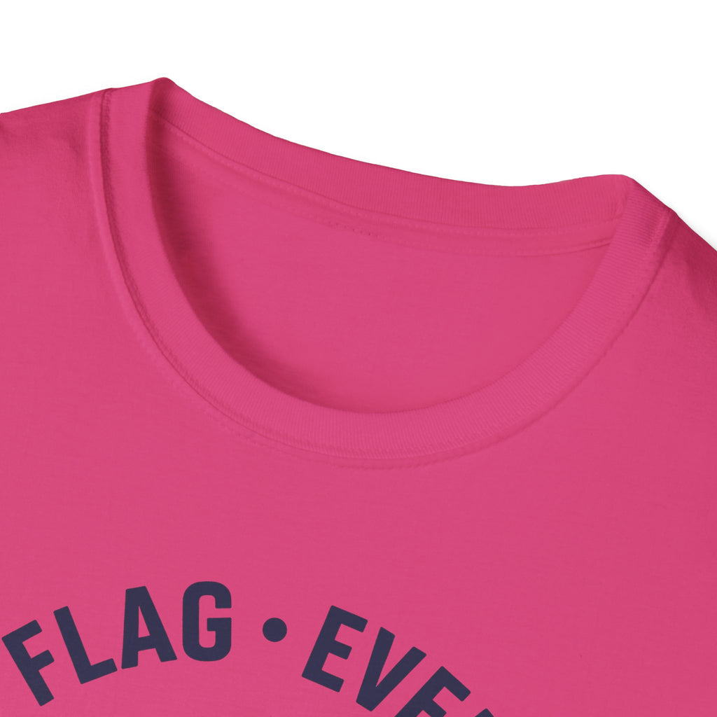 Purple crew-neck t-shirt close-up showing collar and FLAG • EVE text