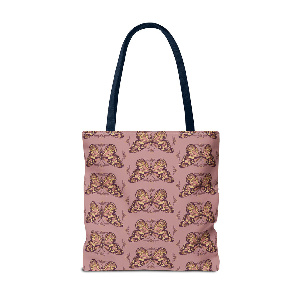 Pink butterfly pattern tote bag with dark navy handle straps