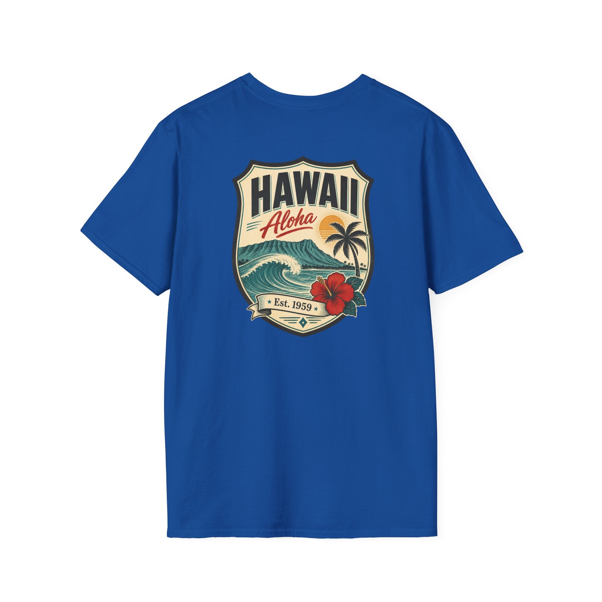 Hawaii badge graphic T-shirt, royal blue, short-sleeve crew neck