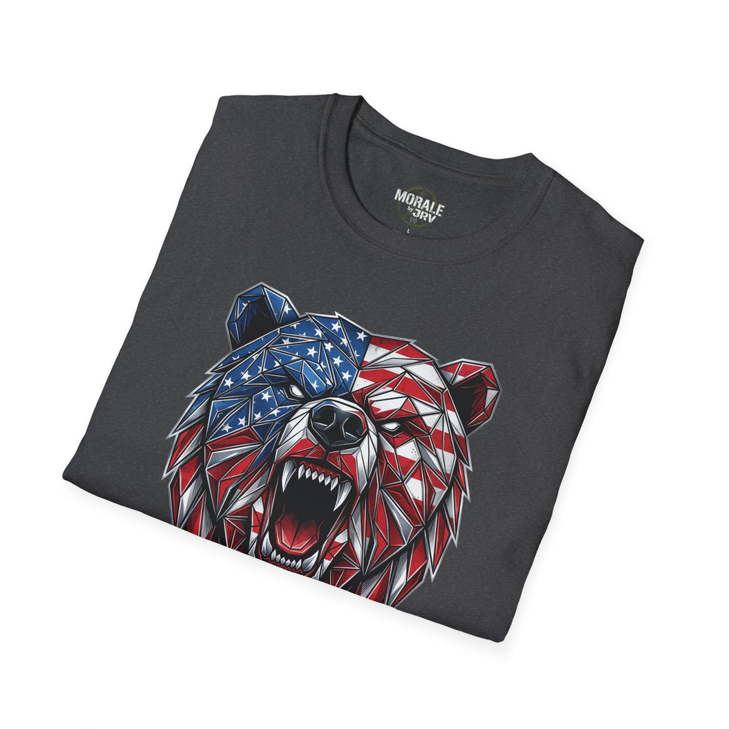 Charcoal graphic T-shirt with patriotic bear head in blue, red, and white