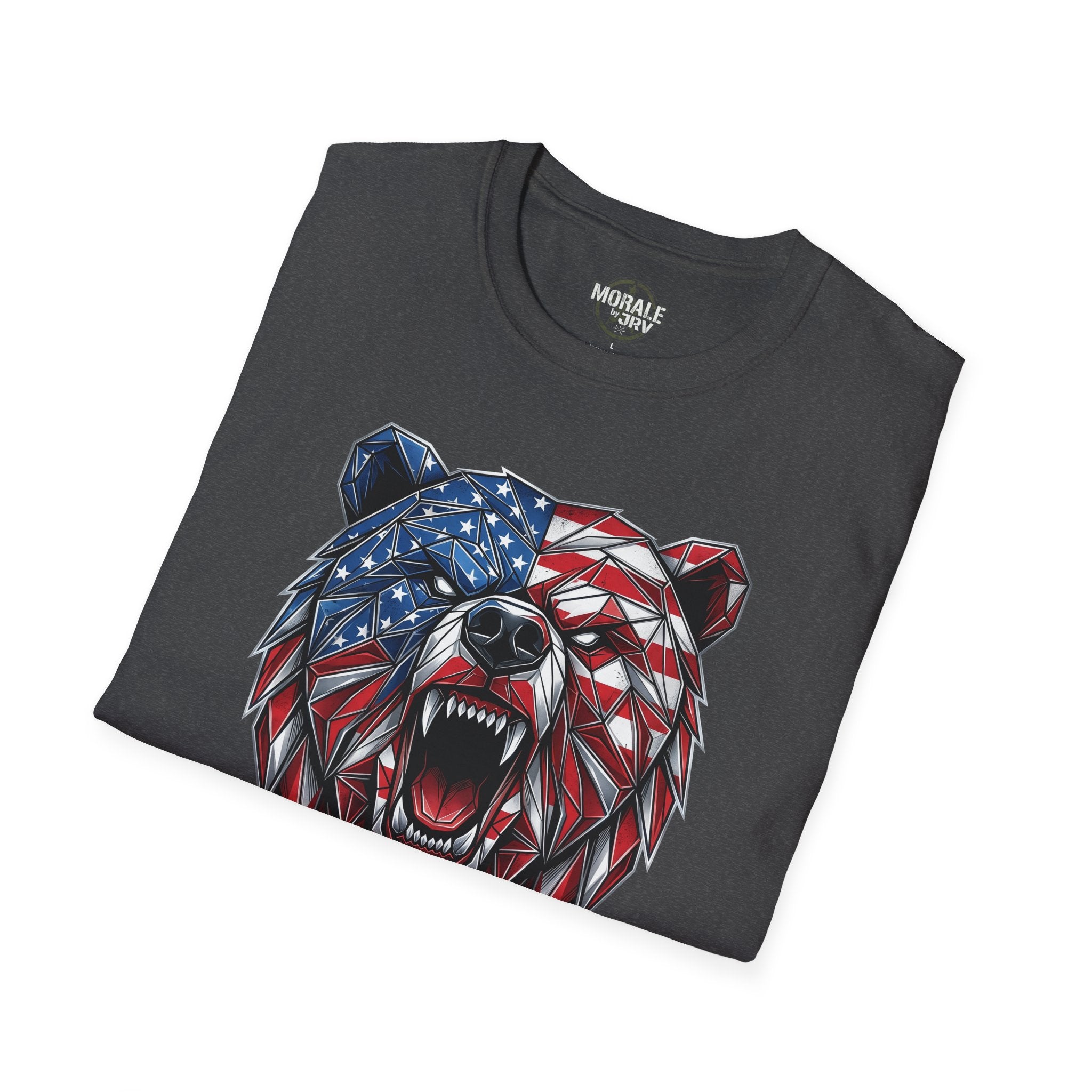 Charcoal graphic T-shirt with patriotic bear head in blue, red, and white