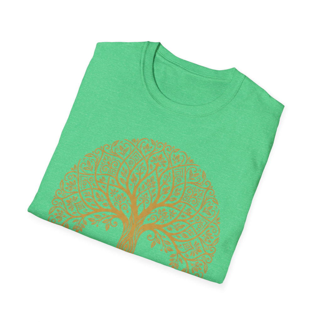 Gold Tree of Life T-shirt in bright green with gold Celtic mandala tree graphic