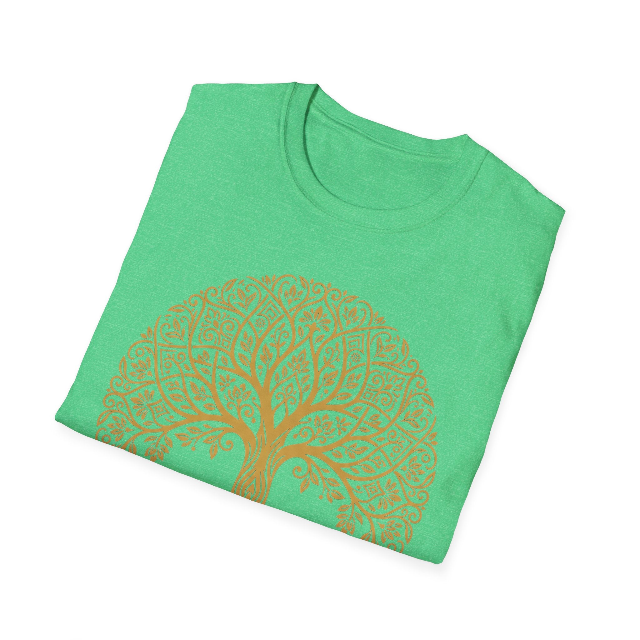 Gold Tree of Life T-shirt in bright green with gold Celtic mandala tree graphic