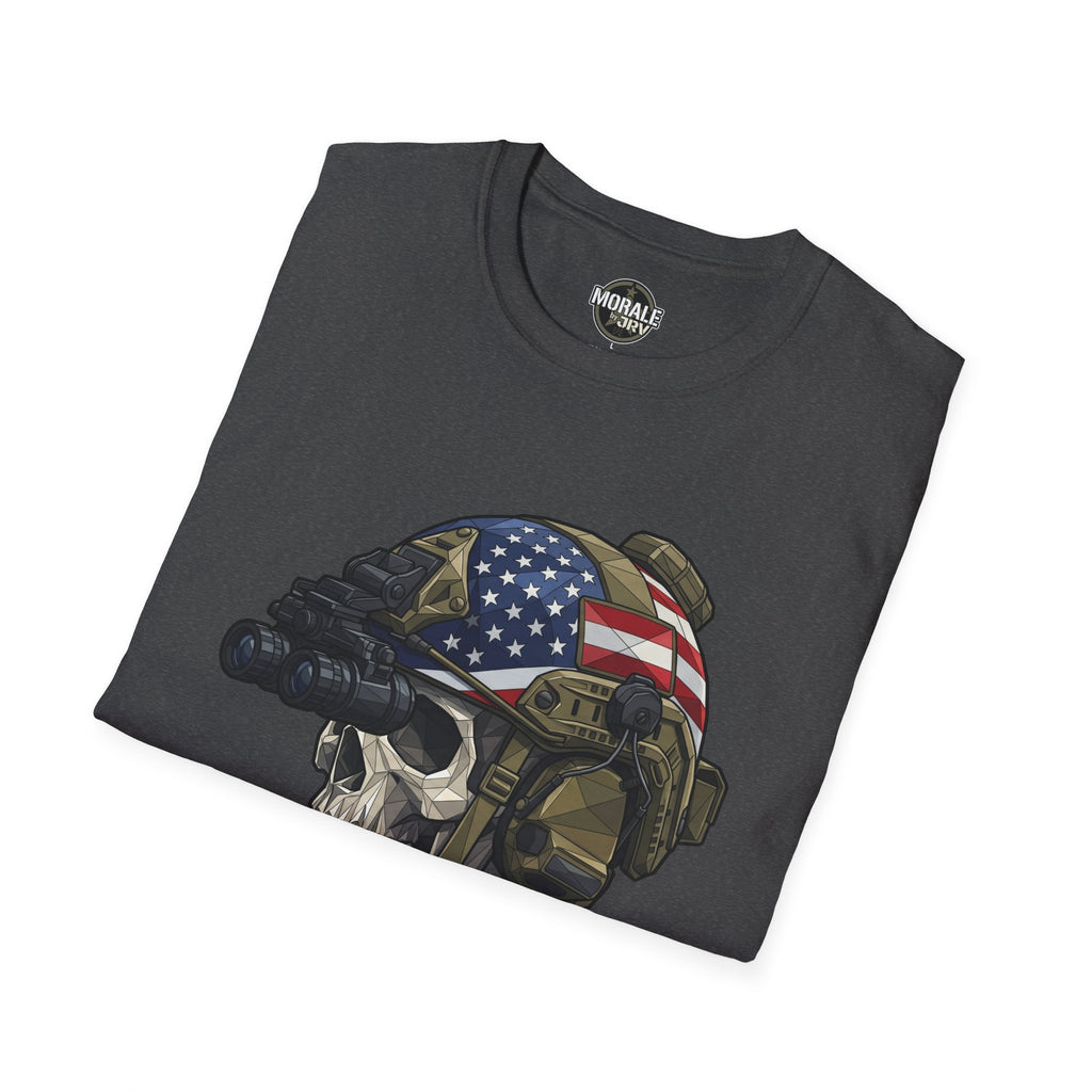 Charcoal T-shirt with skull helmet graphic featuring US flag and rifle
