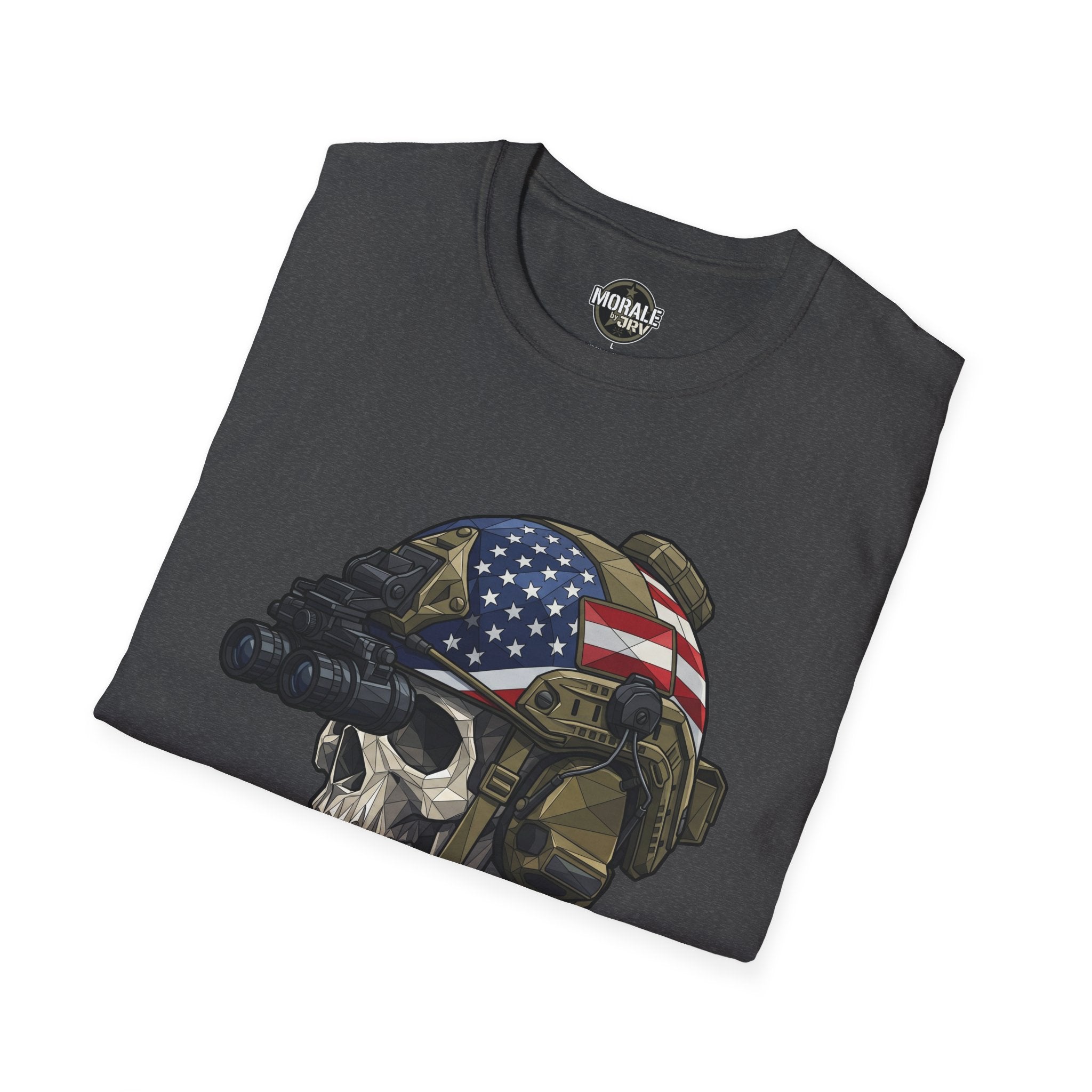 Charcoal T-shirt with skull helmet graphic featuring US flag and rifle