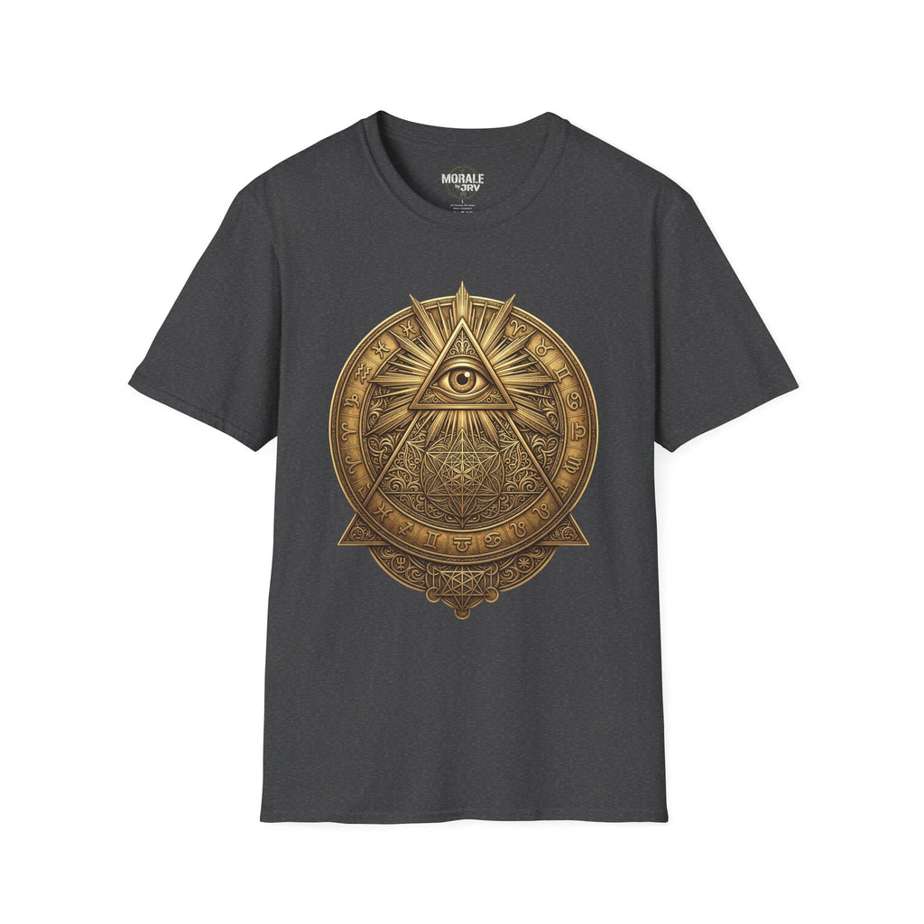 Dark heather t-shirt with gold all-seeing eye mandala pyramid graphic