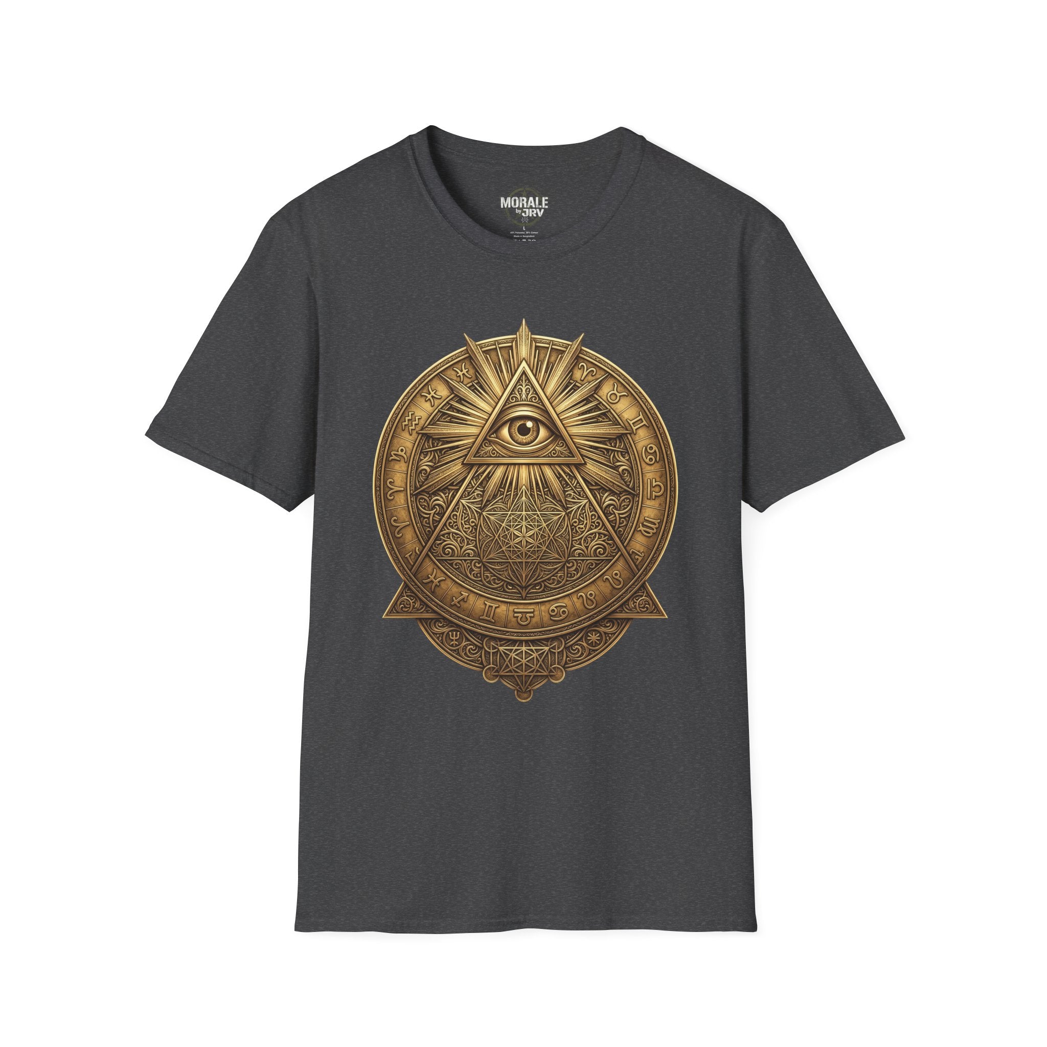Dark heather t-shirt with gold all-seeing eye mandala pyramid graphic