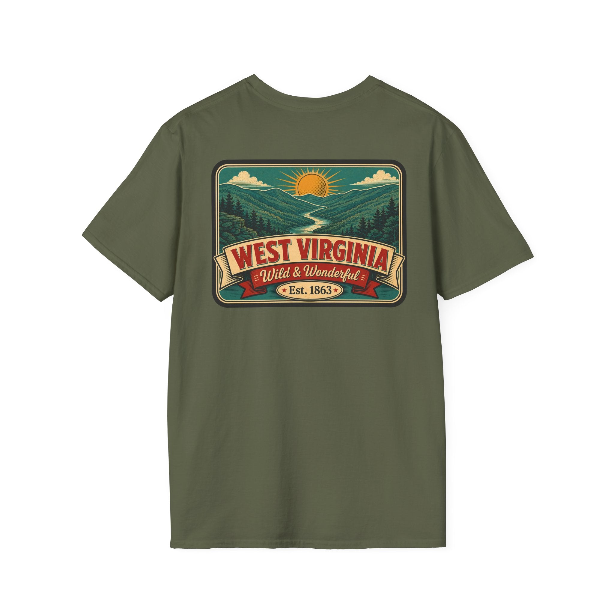 Olive green West Virginia “Wild & Wonderful” graphic t-shirt, Est. 1863 badge.