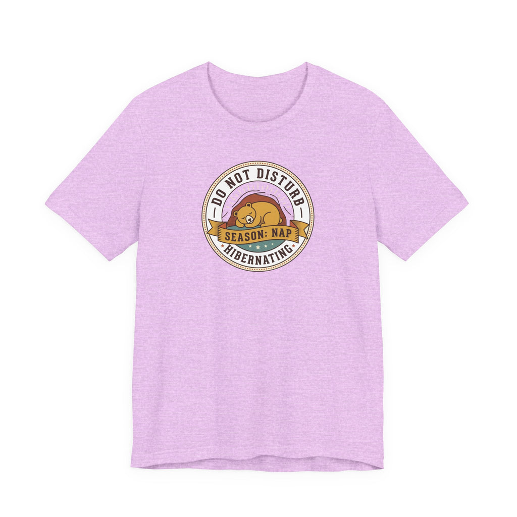 Lavender heather T-shirt with circular sleeping bear graphic on front