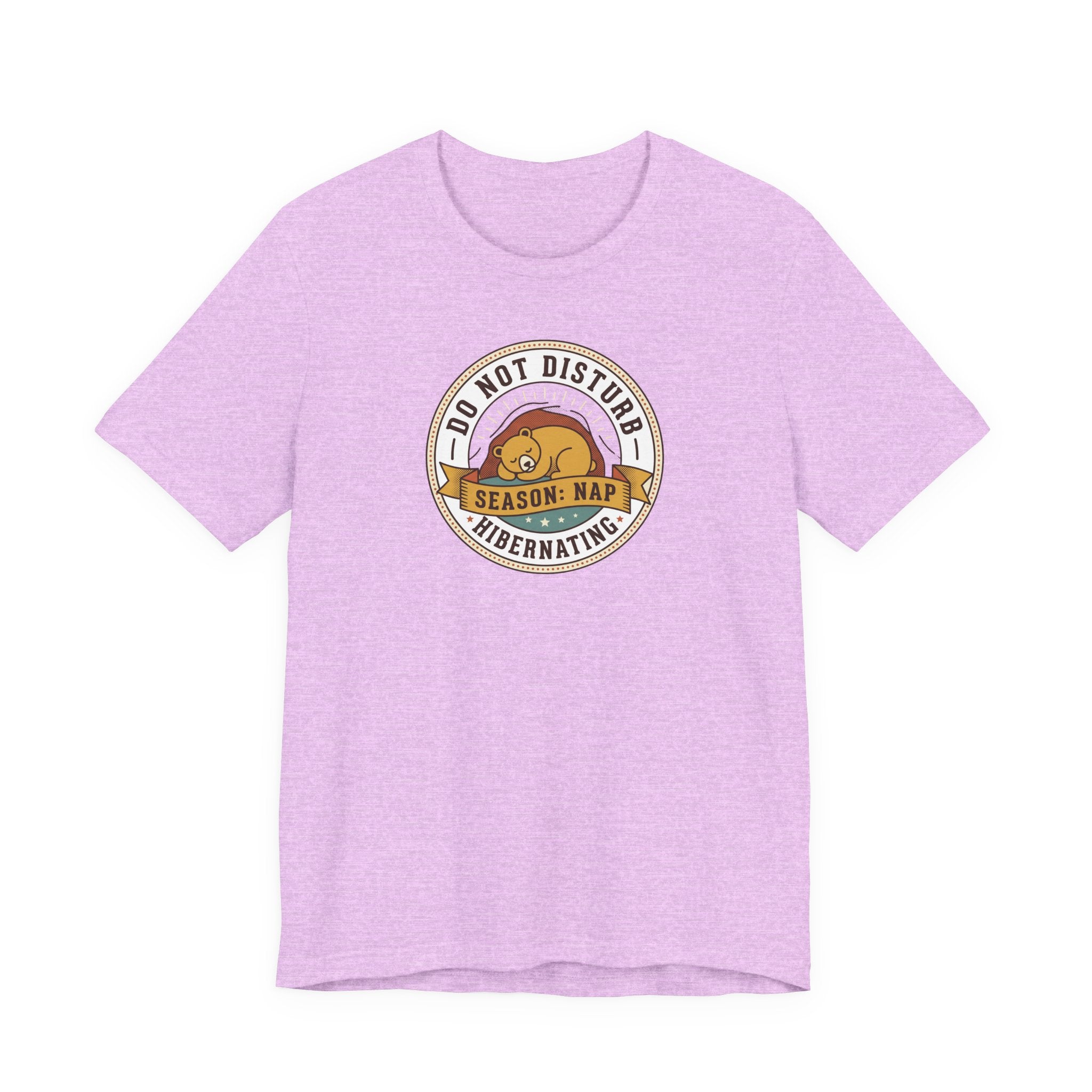 Lavender heather T-shirt with circular sleeping bear graphic on front