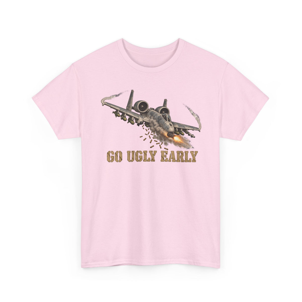 Light pink T-shirt with distressed jet graphic and “GO UGLY EARLY” text on front