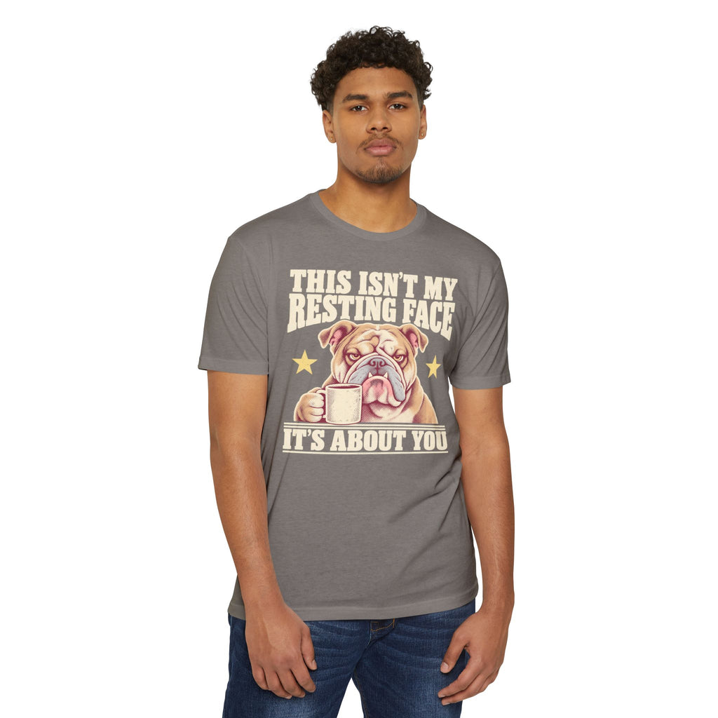 Dark gray T-shirt with grumpy bulldog graphic and slogan on the chest.