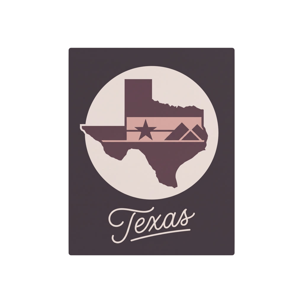 Square mauve metal wall art featuring Texas silhouette and star, with “Texas” script below